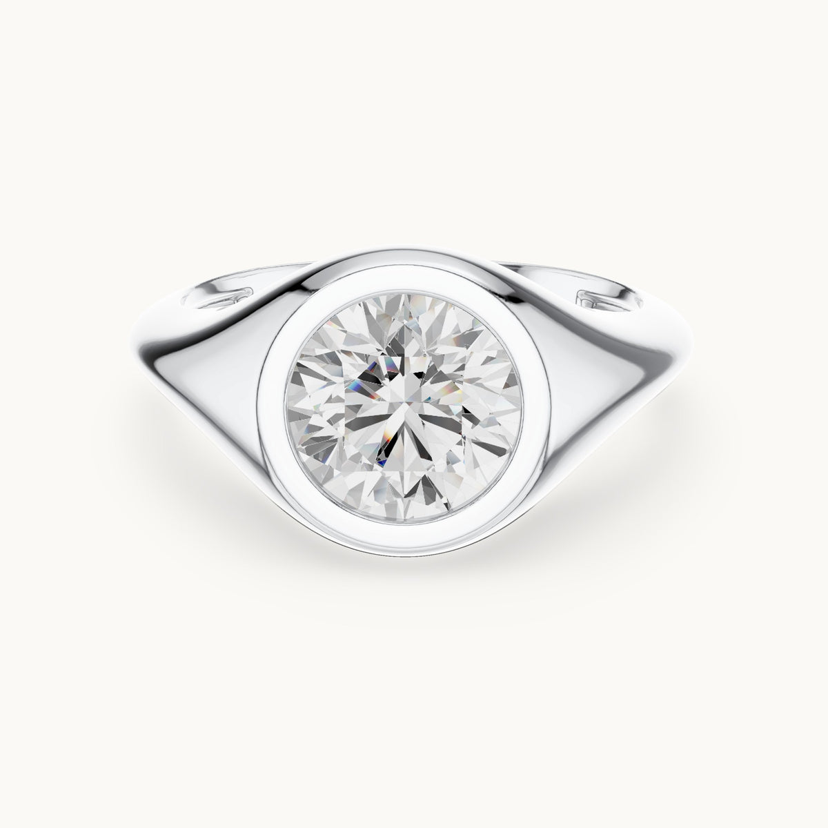 Round lab-grown diamond bezel signet ring in white gold, 2.00 CT TW, view 4