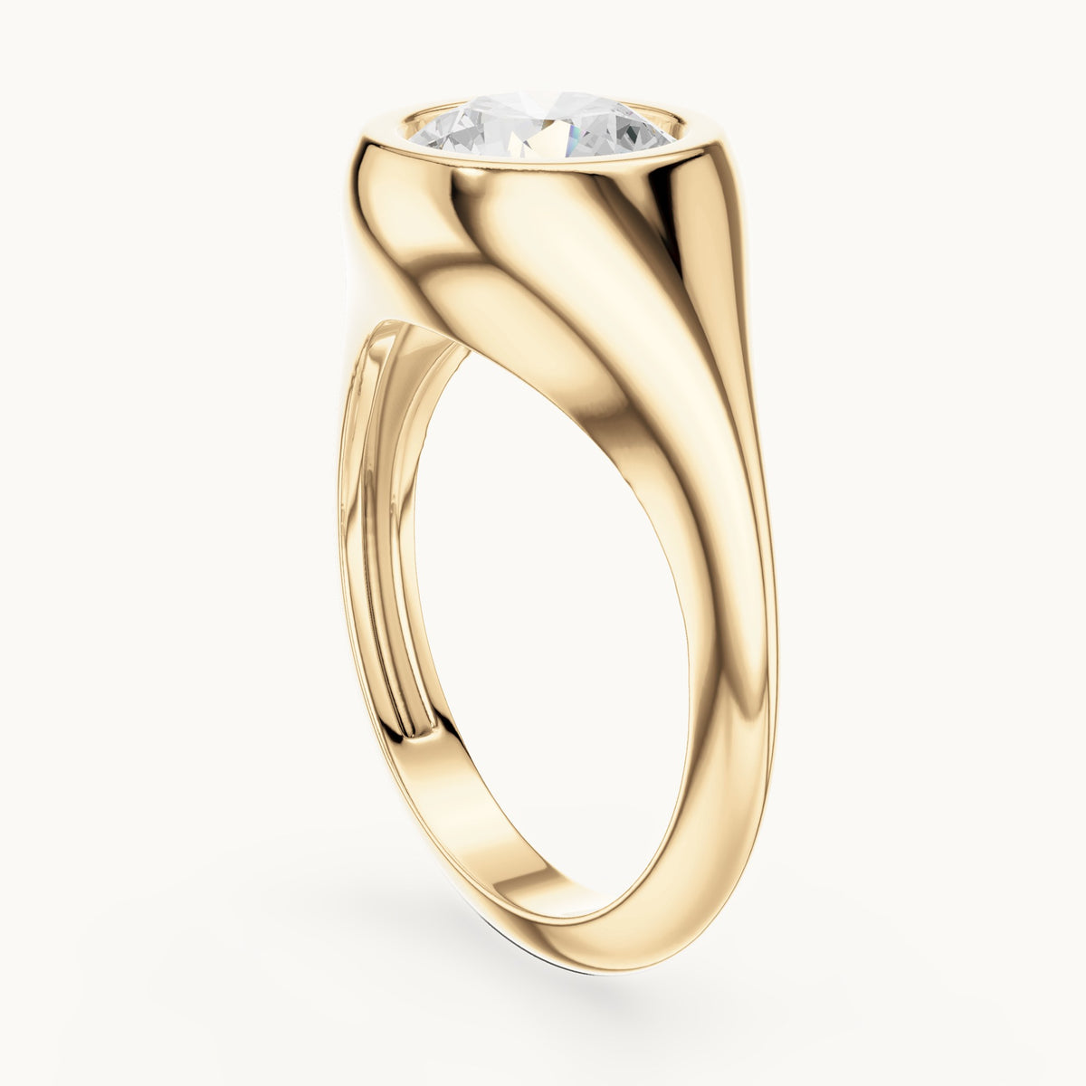 Round lab-grown diamond bezel signet ring in yellow gold, 2.00 CT TW, view 1