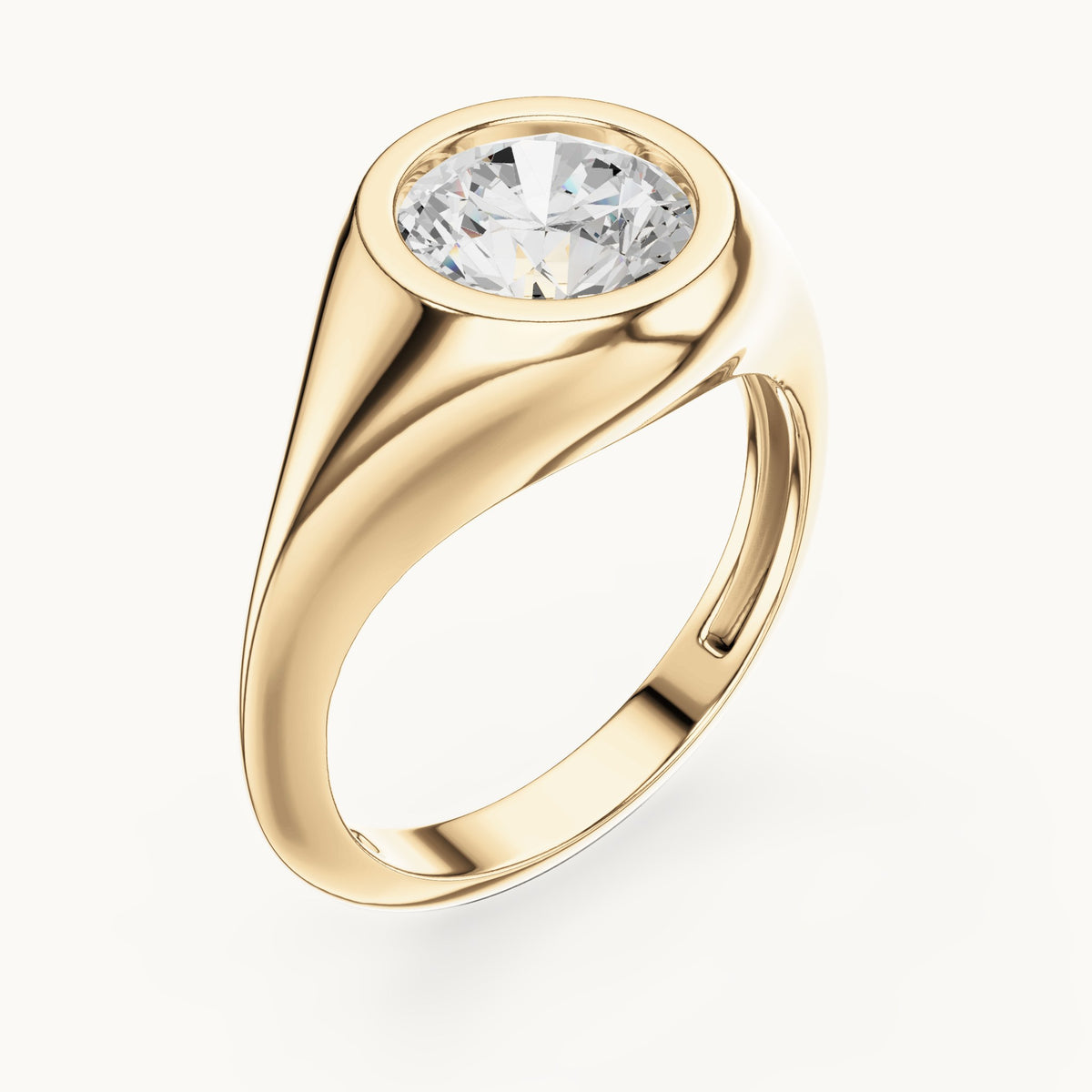 Round lab-grown diamond bezel signet ring in yellow gold, 2.00 CT TW, view 2