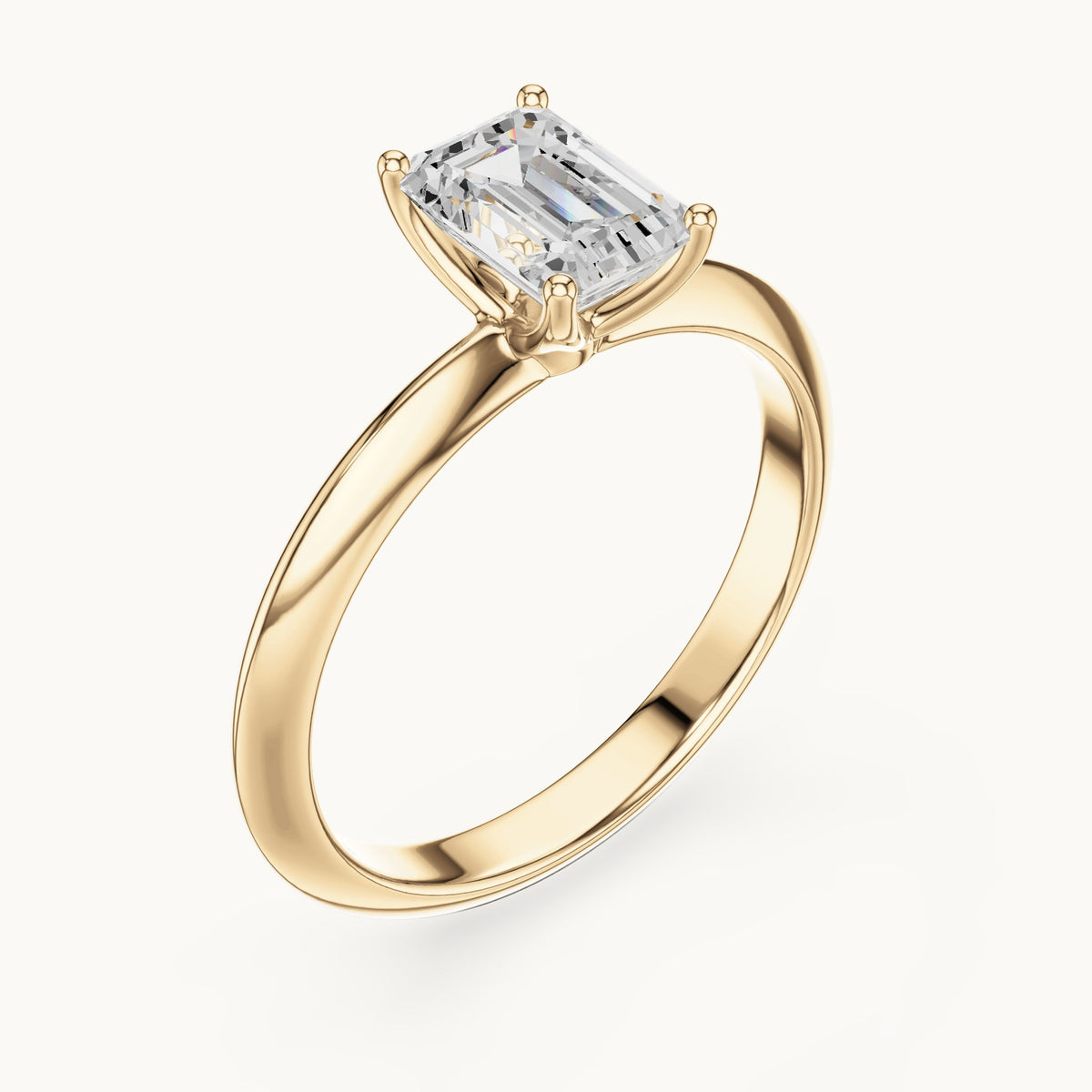 Emerald-cut lab-grown diamond classic prong solitaire engagement ring in yellow gold, 1.00 CT TW, view 2