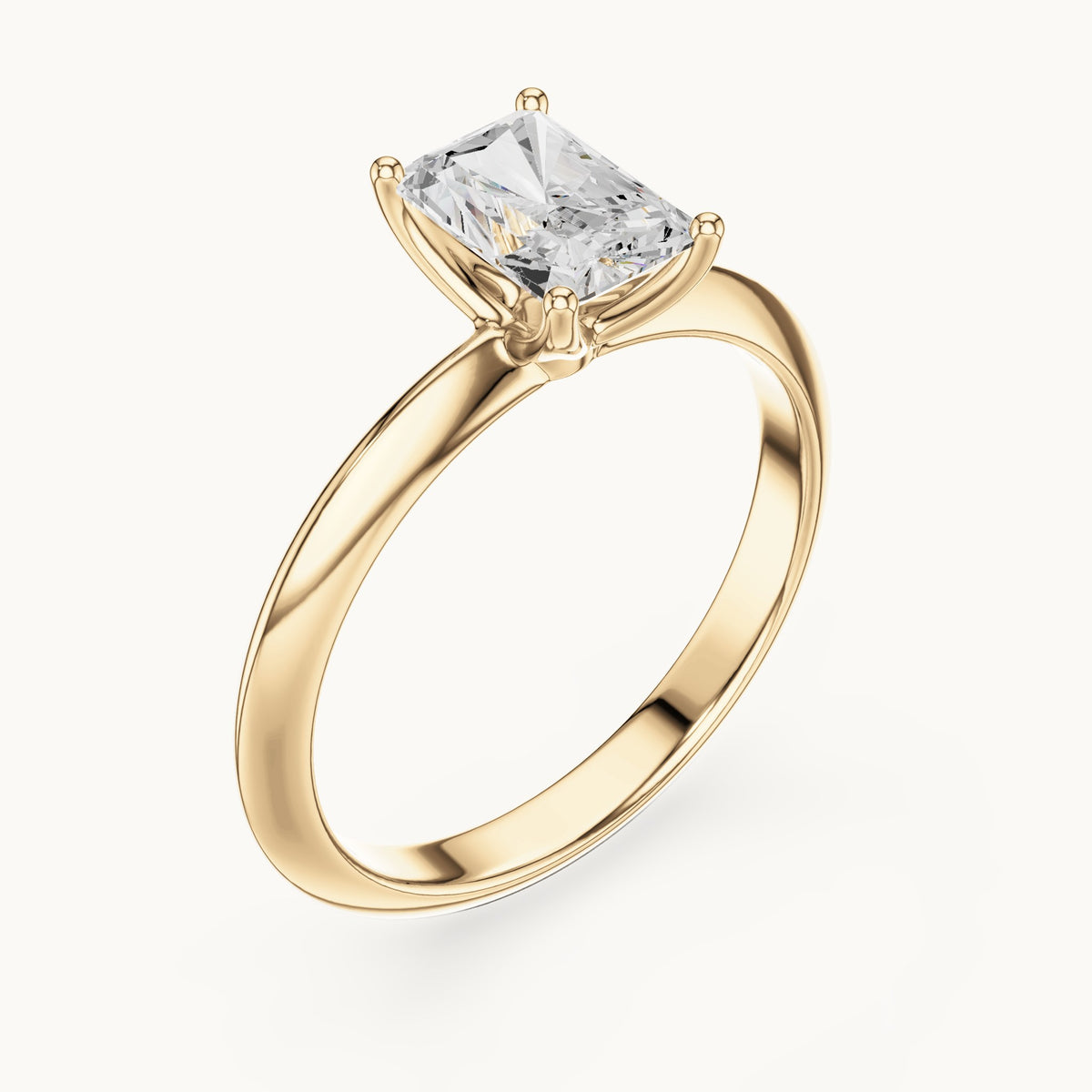 Radiant-cut lab-grown diamond classic prong solitaire engagement ring in yellow gold, 1.00 CT TW, view 2