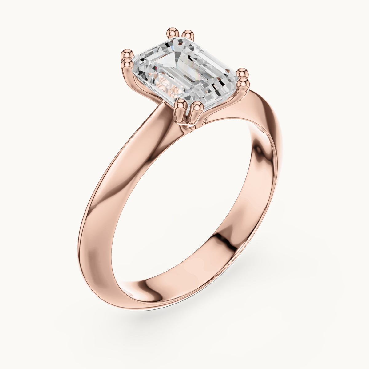 Emerald-cut lab-grown diamond double-prong knife-edge solitaire engagement ring in rose gold, 1.50 CT TW, view 2