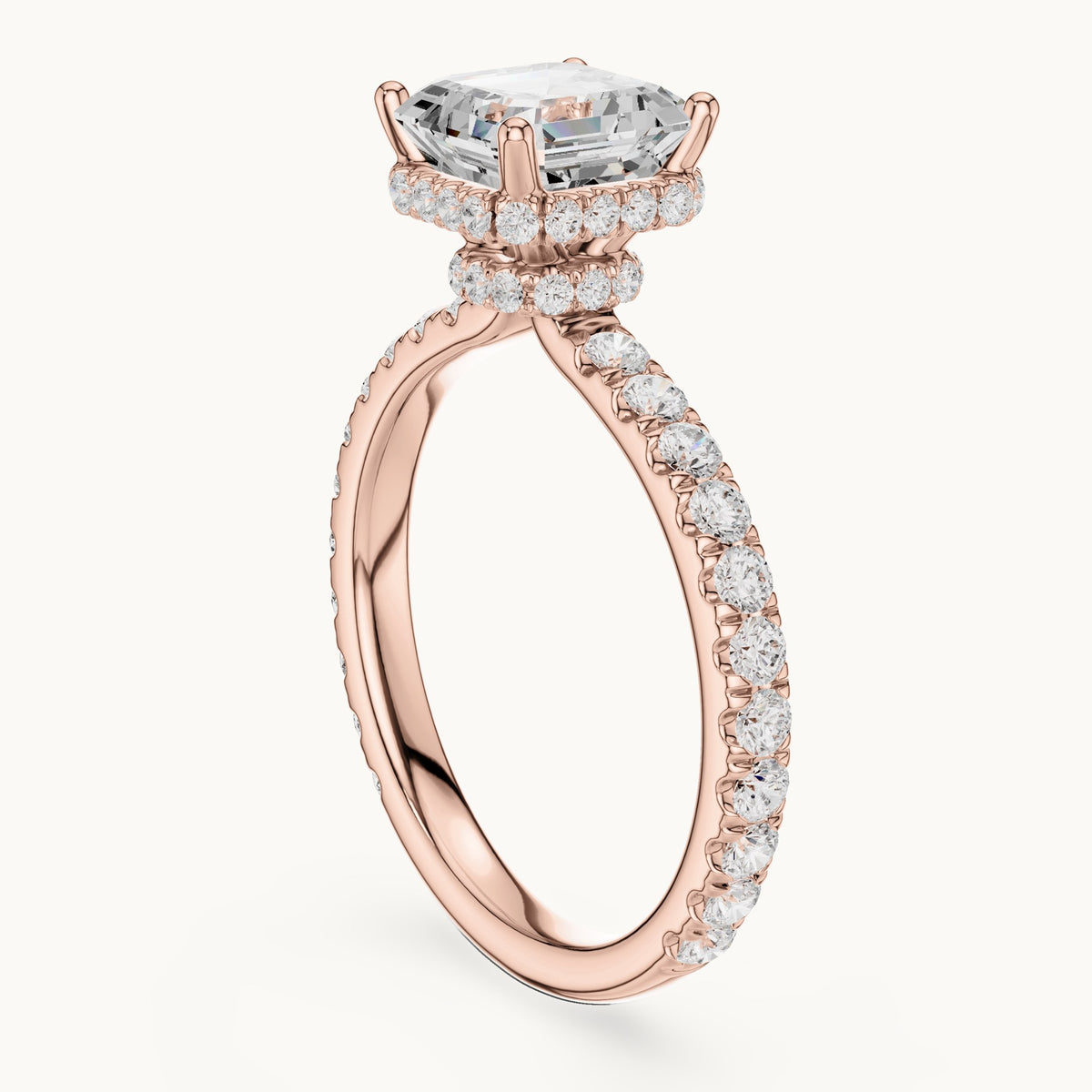 Asscher-cut lab-grown diamond pavé collar hidden halo engagement ring in rose gold, 2.14 CT TW, view 1
