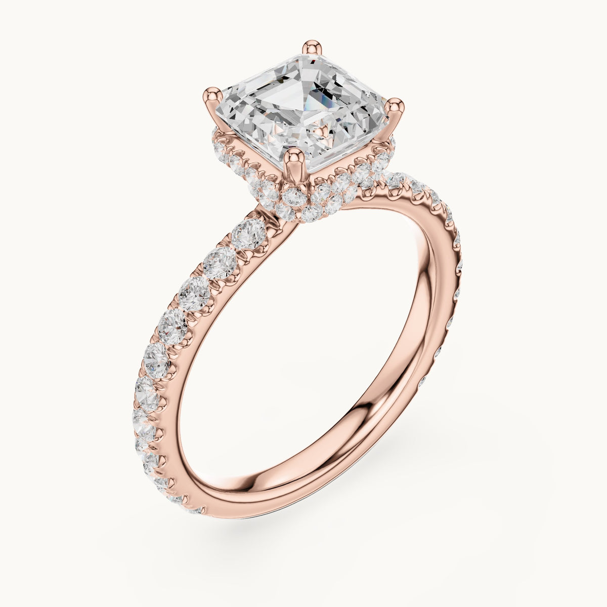 Asscher-cut lab-grown diamond pavé collar hidden halo engagement ring in rose gold, 2.14 CT TW, view 2