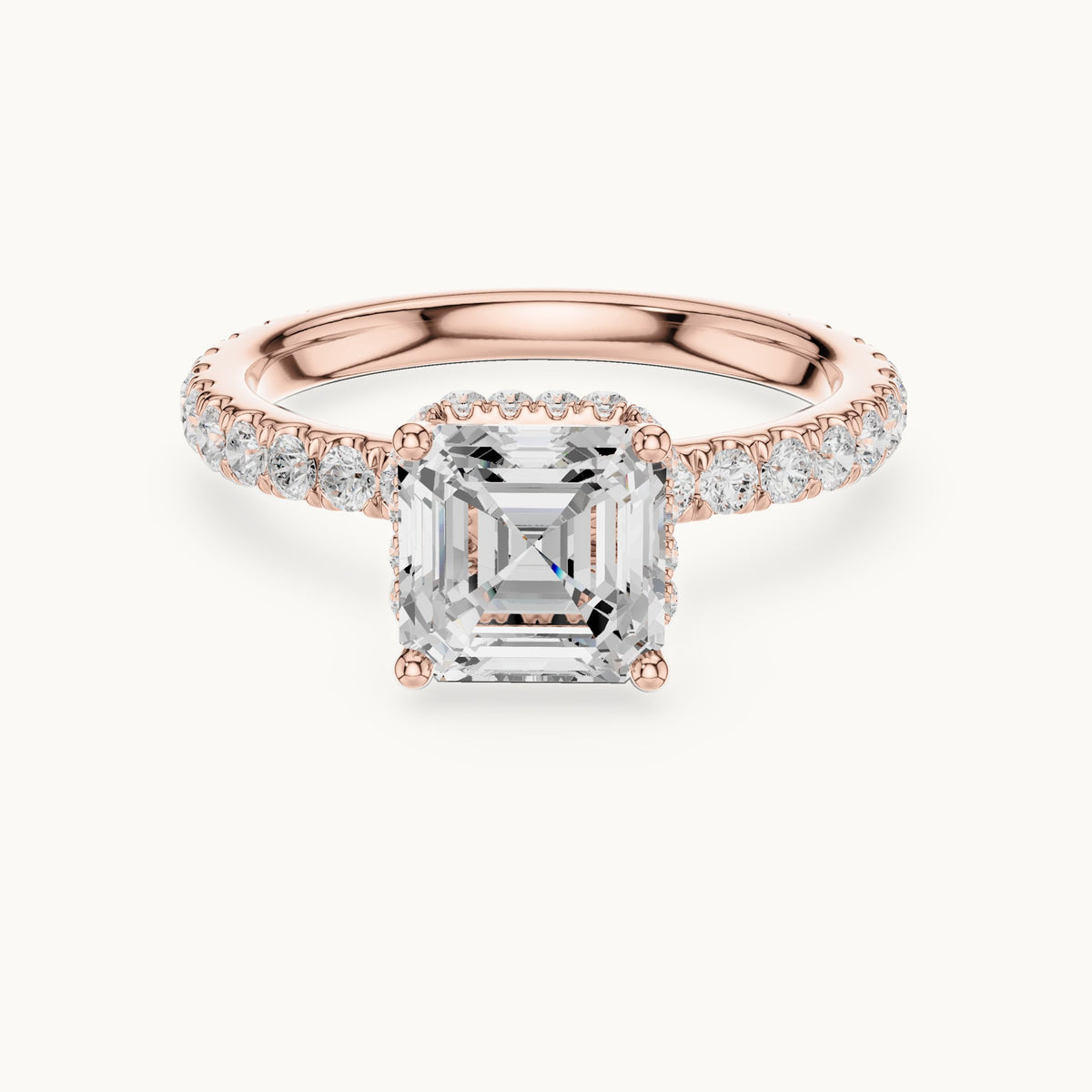 Asscher-cut lab-grown diamond pavé collar hidden halo engagement ring in rose gold, 2.14 CT TW, view 4