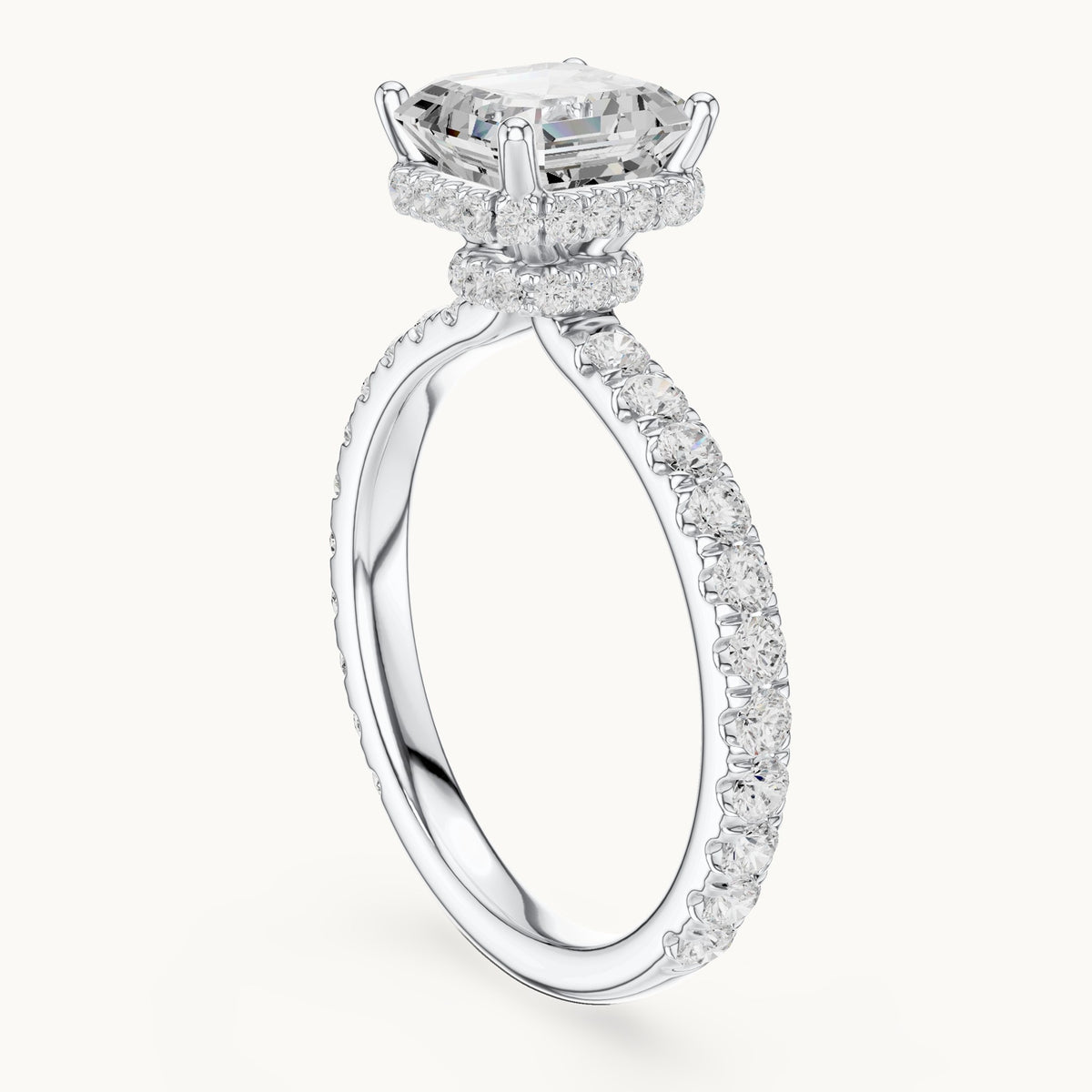 Asscher-cut lab-grown diamond pavé collar hidden halo engagement ring in white gold, 2.14 CT TW, view 1