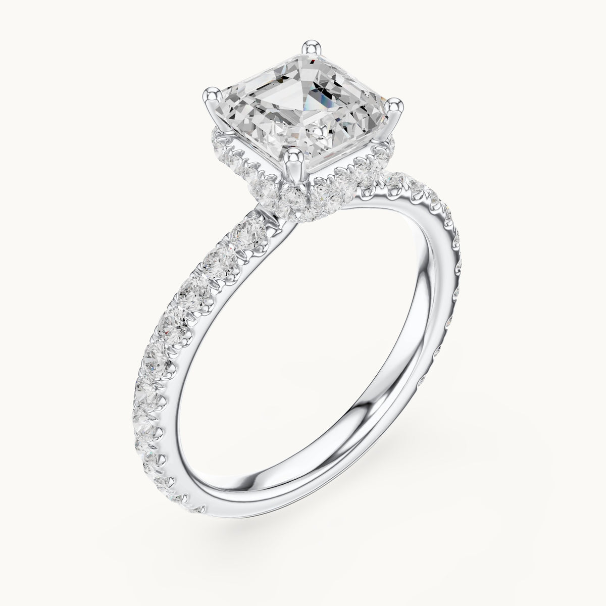 Asscher-cut lab-grown diamond pavé collar hidden halo engagement ring in white gold, 2.14 CT TW, view 2