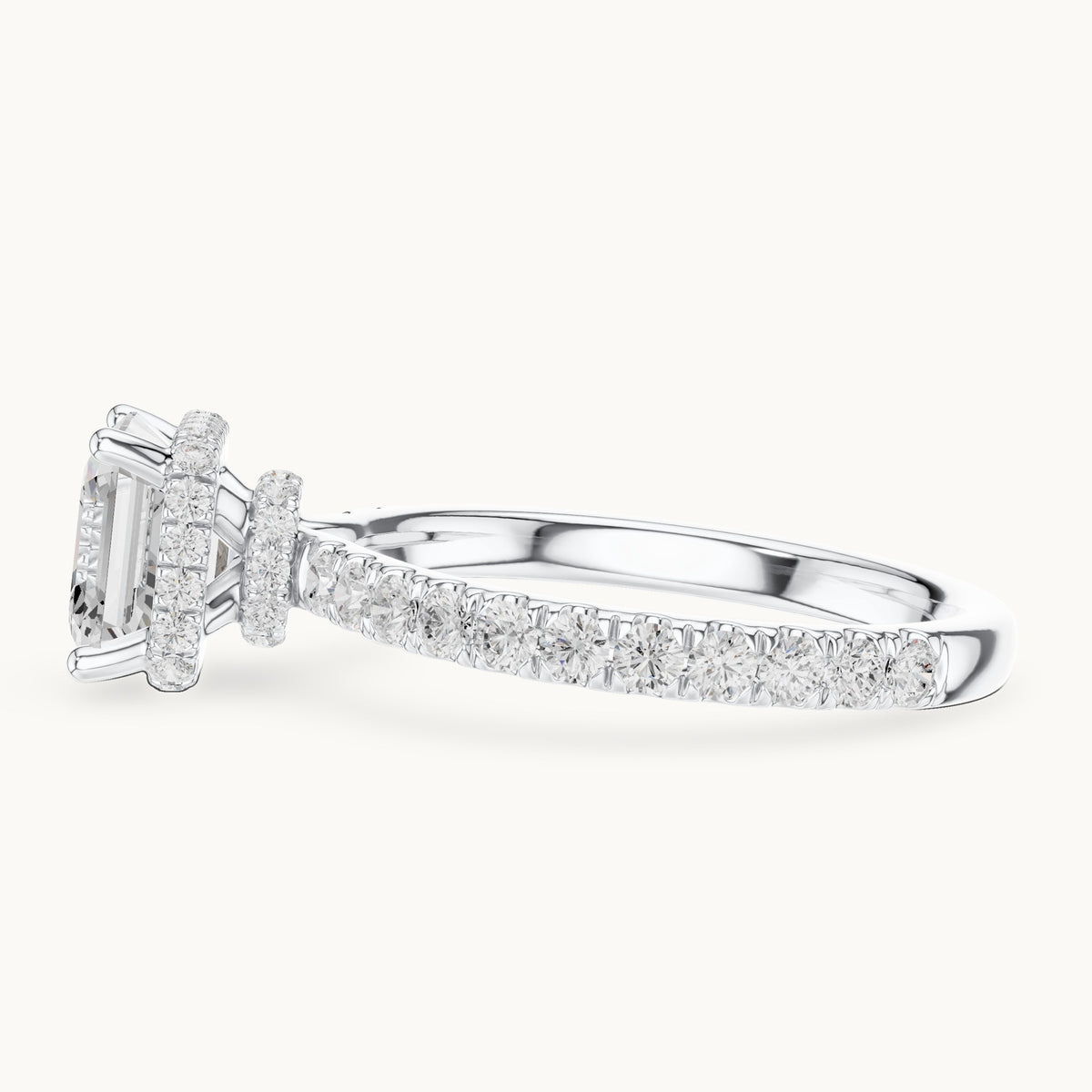 Asscher-cut lab-grown diamond pavé collar hidden halo engagement ring in white gold, 2.14 CT TW, view 3