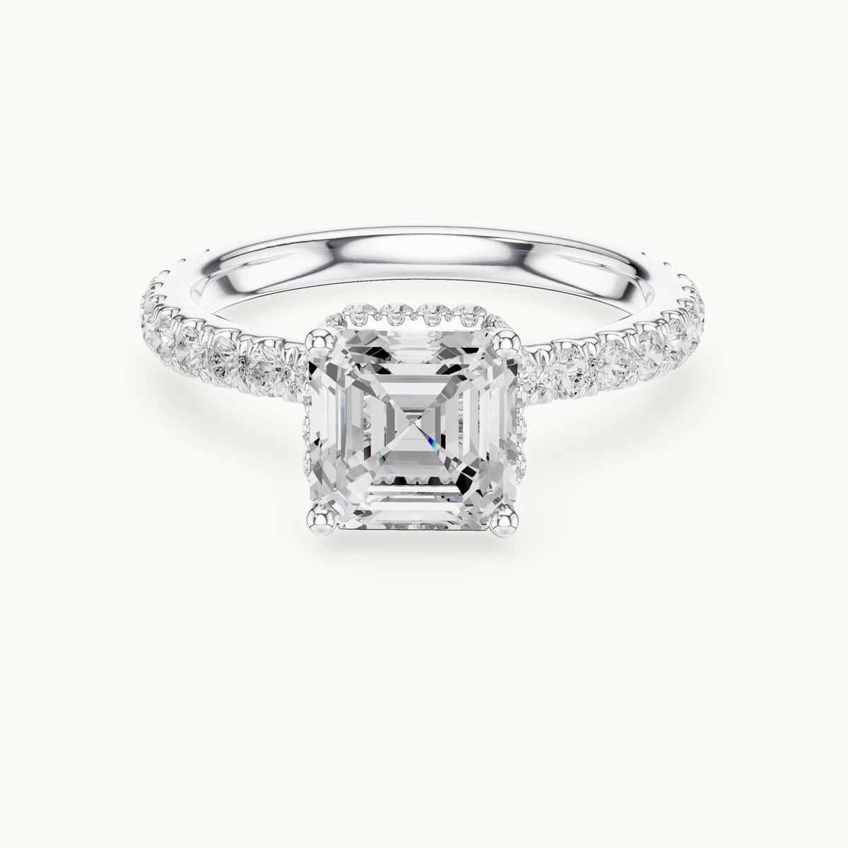 Asscher-cut lab-grown diamond pavé collar hidden halo engagement ring in white gold, 2.14 CT TW, view 4