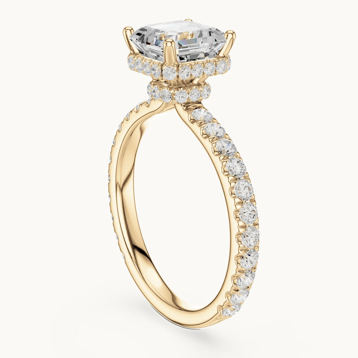 Asscher-cut lab-grown diamond pavé collar hidden halo engagement ring in yellow gold, 2.14 CT TW, view 1