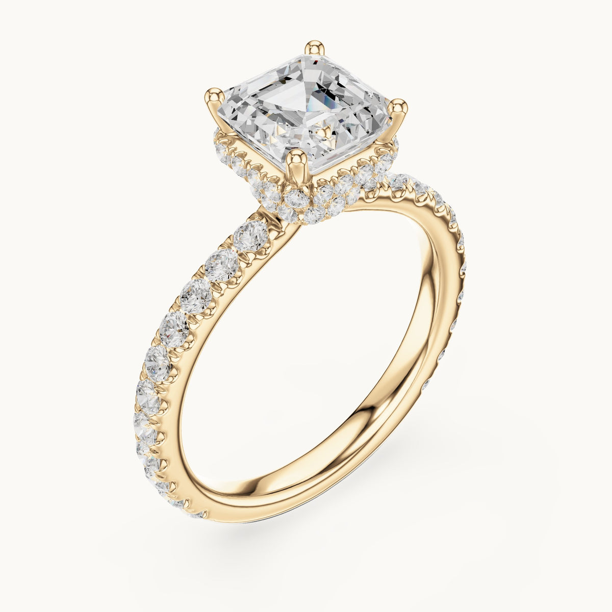 Asscher-cut lab-grown diamond pavé collar hidden halo engagement ring in yellow gold, 2.14 CT TW, view 2