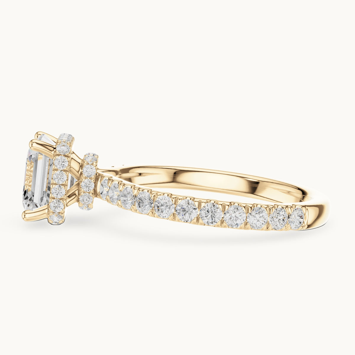 Asscher-cut lab-grown diamond pavé collar hidden halo engagement ring in yellow gold, 2.14 CT TW, view 3