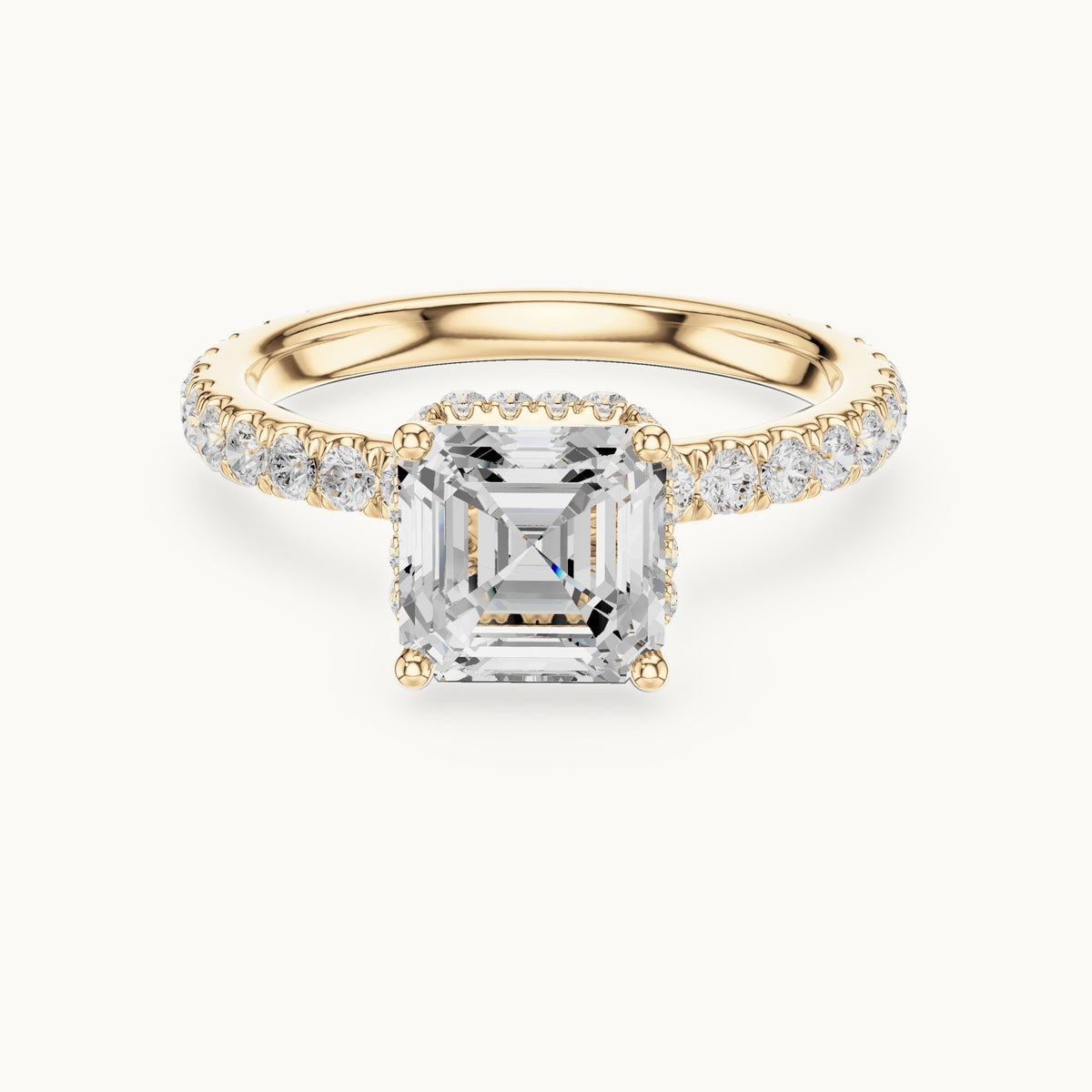 Asscher-cut lab-grown diamond pavé collar hidden halo engagement ring in yellow gold, 2.14 CT TW, view 4