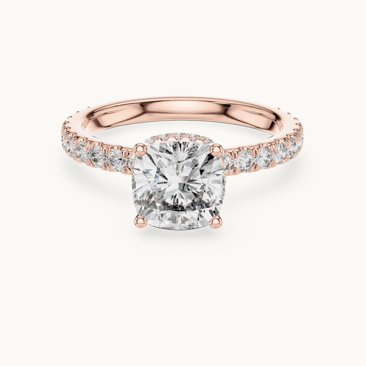 Cushion-cut lab-grown diamond pavé collar hidden halo engagement ring in rose gold, 2.10 CT TW, view 4
