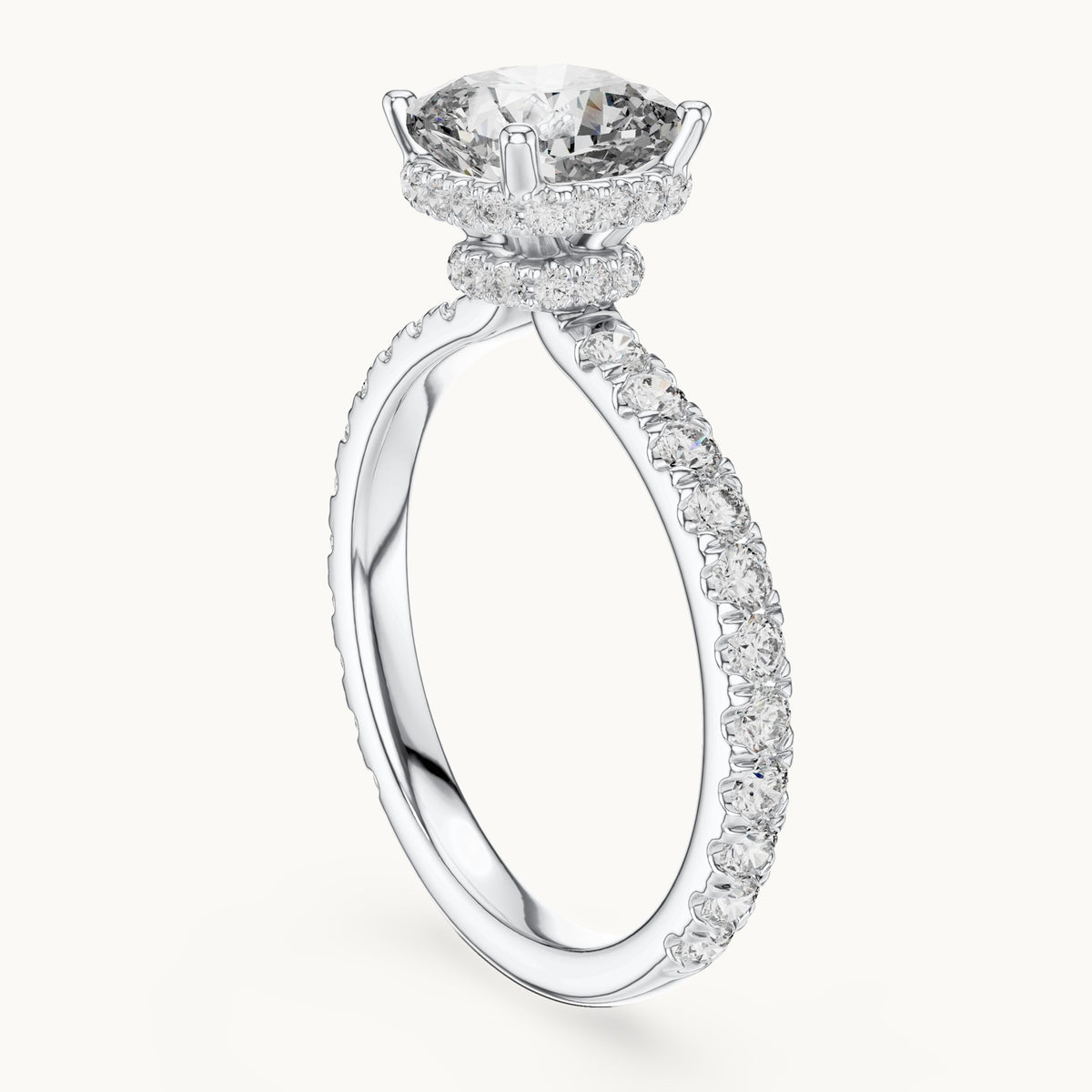 Cushion-cut lab-grown diamond pavé collar hidden halo engagement ring in white gold, 2.10 CT TW, view 1