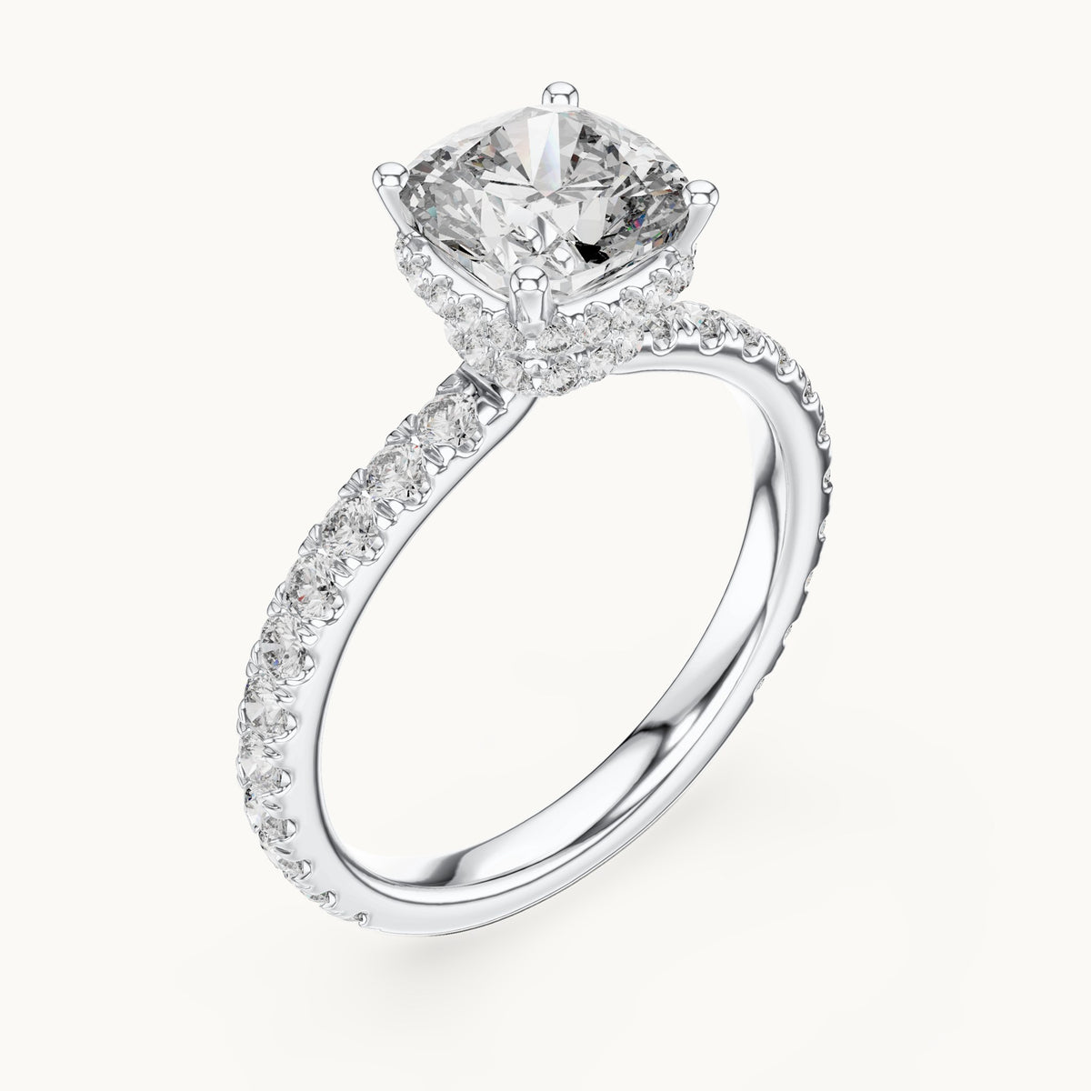 Cushion-cut lab-grown diamond pavé collar hidden halo engagement ring in white gold, 2.10 CT TW, view 2