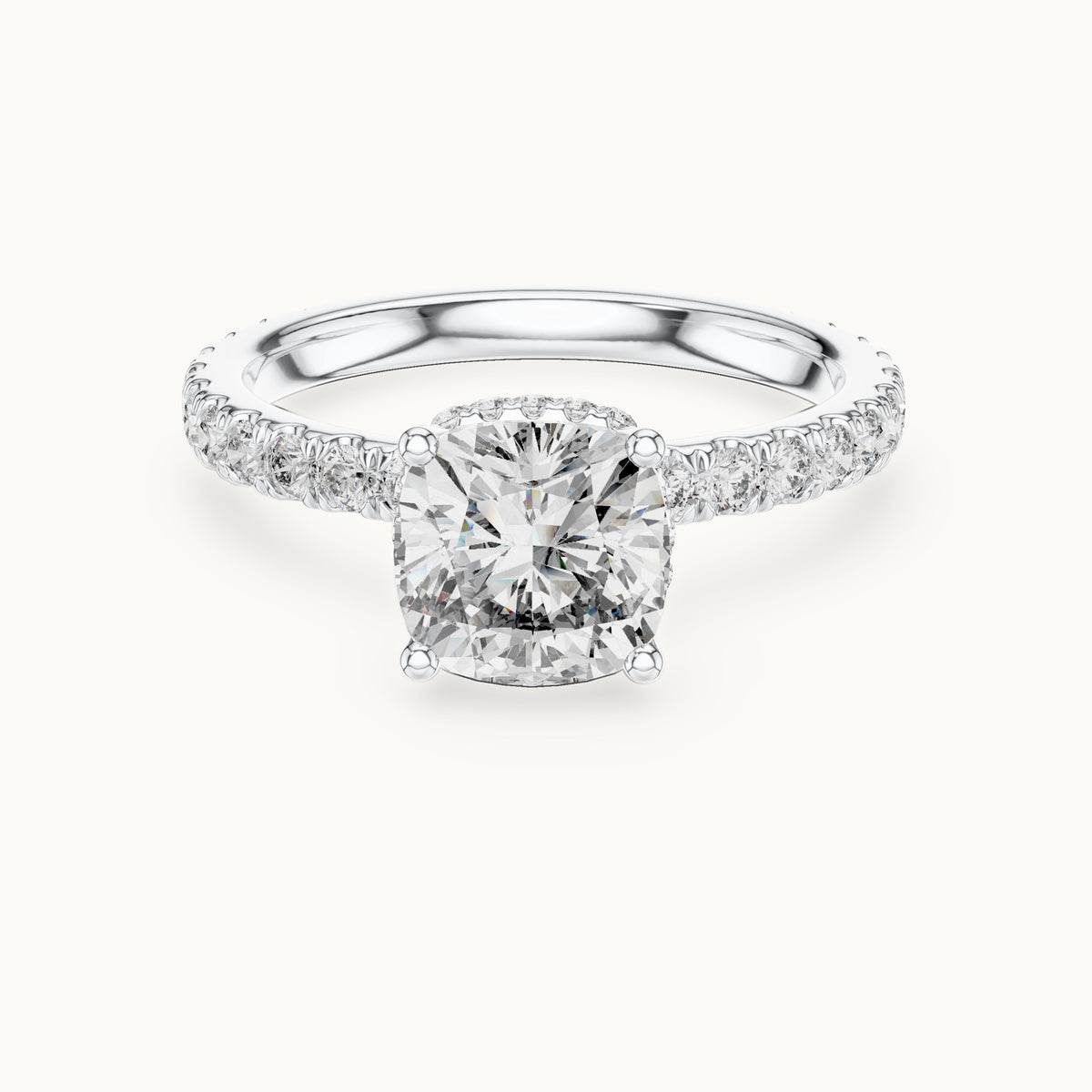 Cushion-cut lab-grown diamond pavé collar hidden halo engagement ring in white gold, 2.10 CT TW, view 4