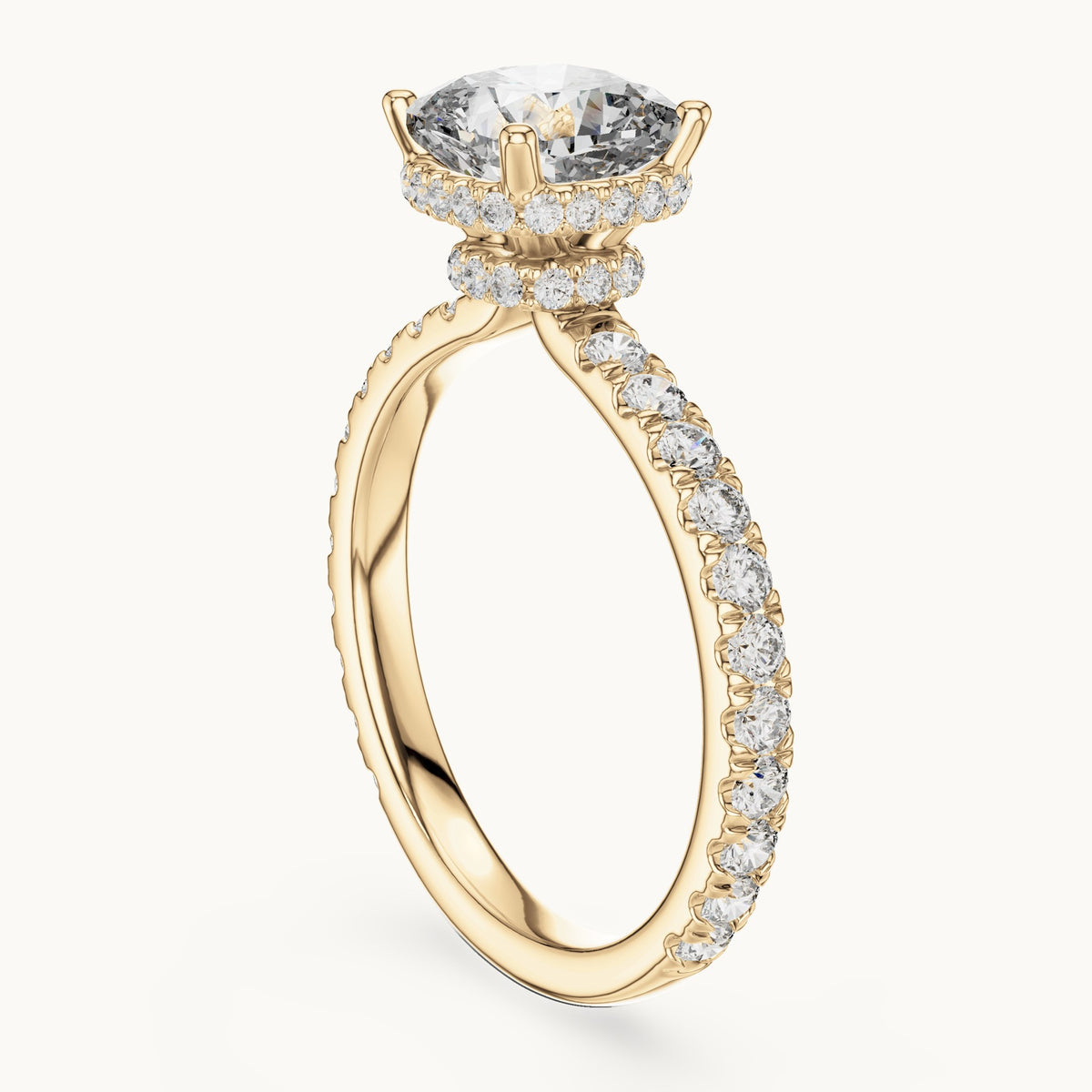 Cushion-cut lab-grown diamond pavé collar hidden halo engagement ring in yellow gold, 2.10 CT TW, view 1