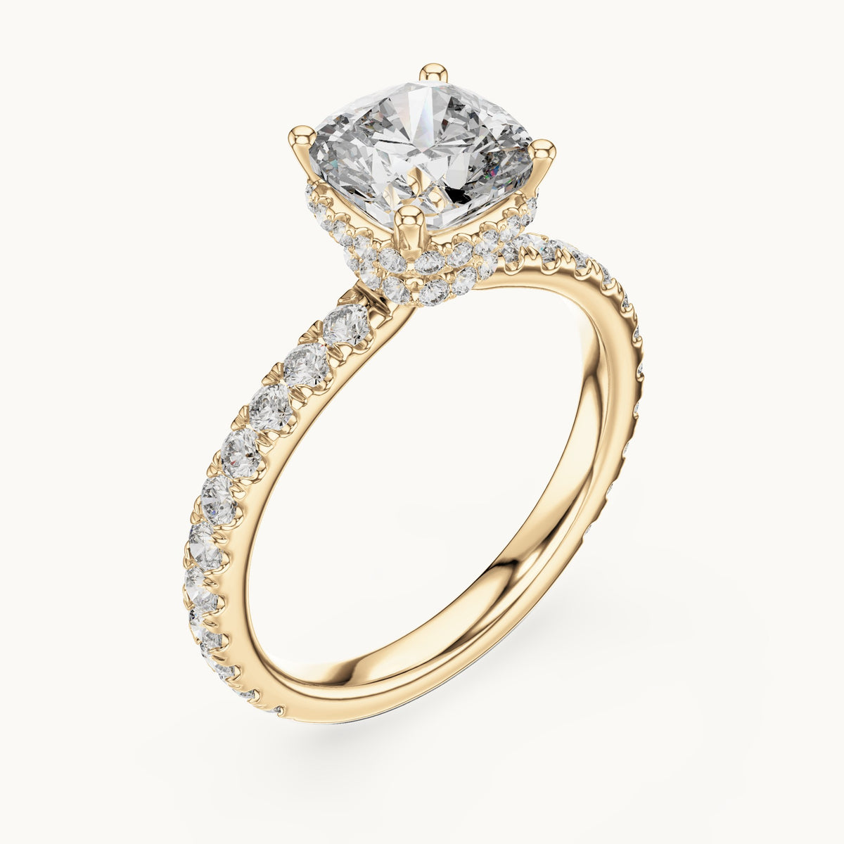 Cushion-cut lab-grown diamond pavé collar hidden halo engagement ring in yellow gold, 2.10 CT TW, view 2