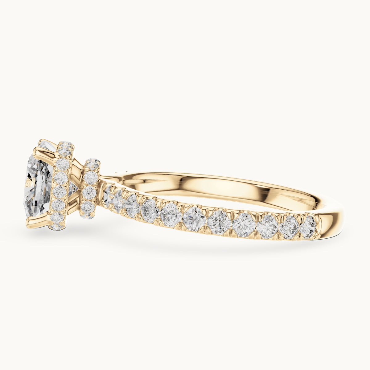 Cushion-cut lab-grown diamond pavé collar hidden halo engagement ring in yellow gold, 2.10 CT TW, view 3
