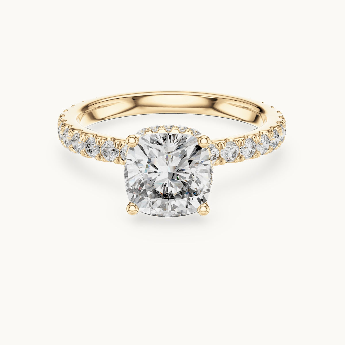 Cushion-cut lab-grown diamond pavé collar hidden halo engagement ring in yellow gold, 2.10 CT TW, view 4