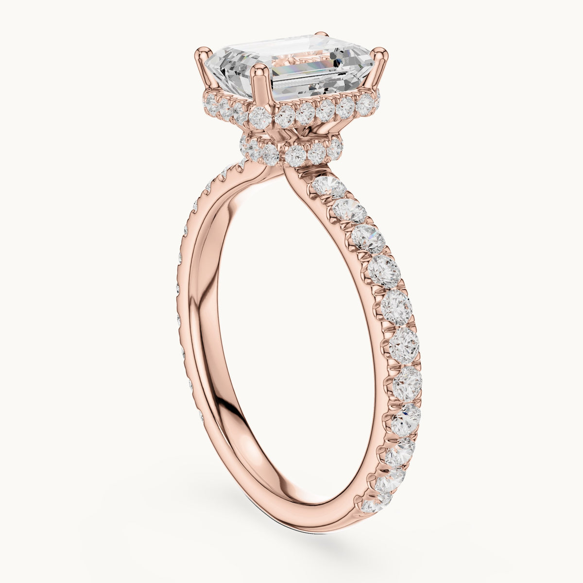 Emerald-cut lab-grown diamond pavé collar hidden halo engagement ring in rose gold, 2.14 CT TW, view 1