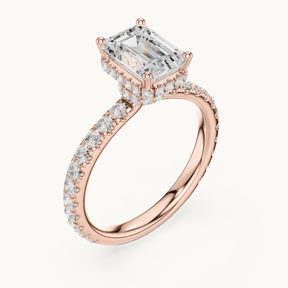 Emerald-cut lab-grown diamond pavé collar hidden halo engagement ring in rose gold, 2.14 CT TW, view 2