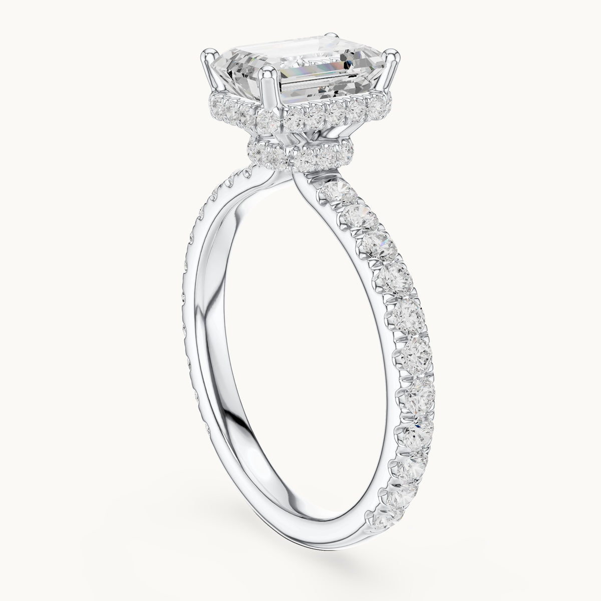 Emerald-cut lab-grown diamond pavé collar hidden halo engagement ring in white gold, 2.14 CT TW, view 1