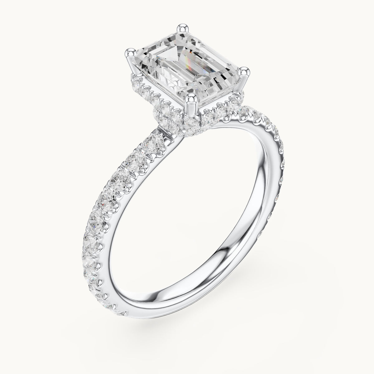 Emerald-cut lab-grown diamond pavé collar hidden halo engagement ring in white gold, 2.14 CT TW, view 2