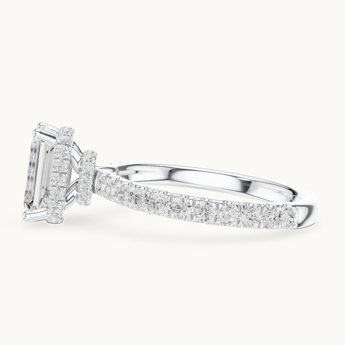 Emerald-cut lab-grown diamond pavé collar hidden halo engagement ring in white gold, 2.14 CT TW, view 3