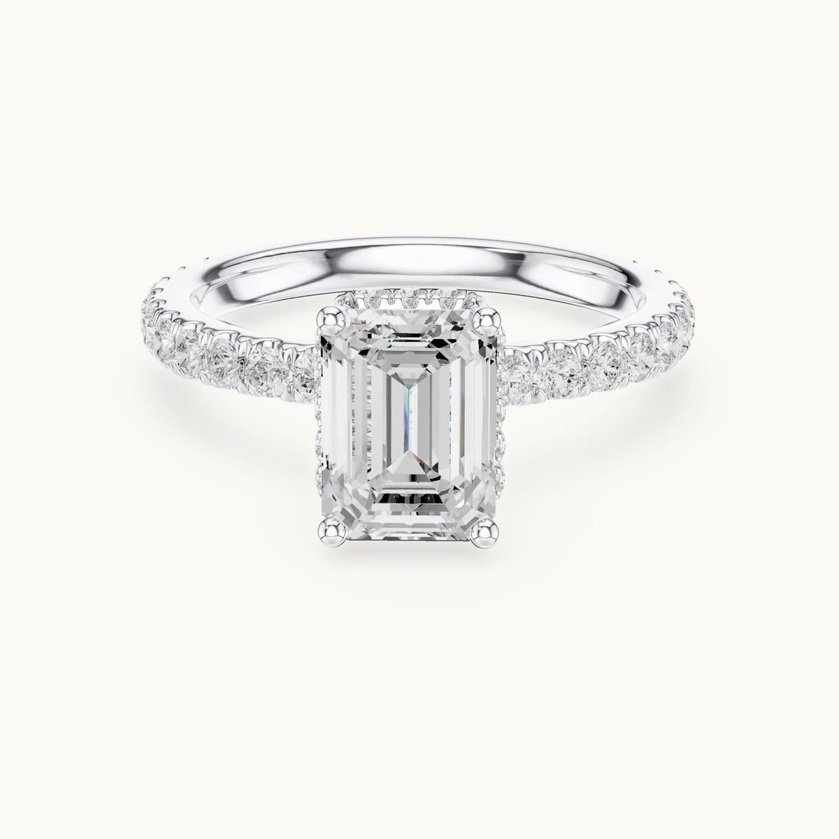 Emerald-cut lab-grown diamond pavé collar hidden halo engagement ring in white gold, 2.14 CT TW, view 4