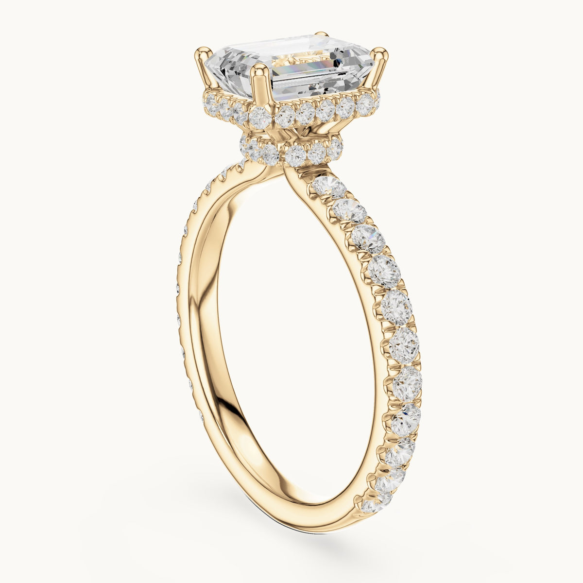 Emerald-cut lab-grown diamond pavé collar hidden halo engagement ring in yellow gold, 2.14 CT TW, view 1