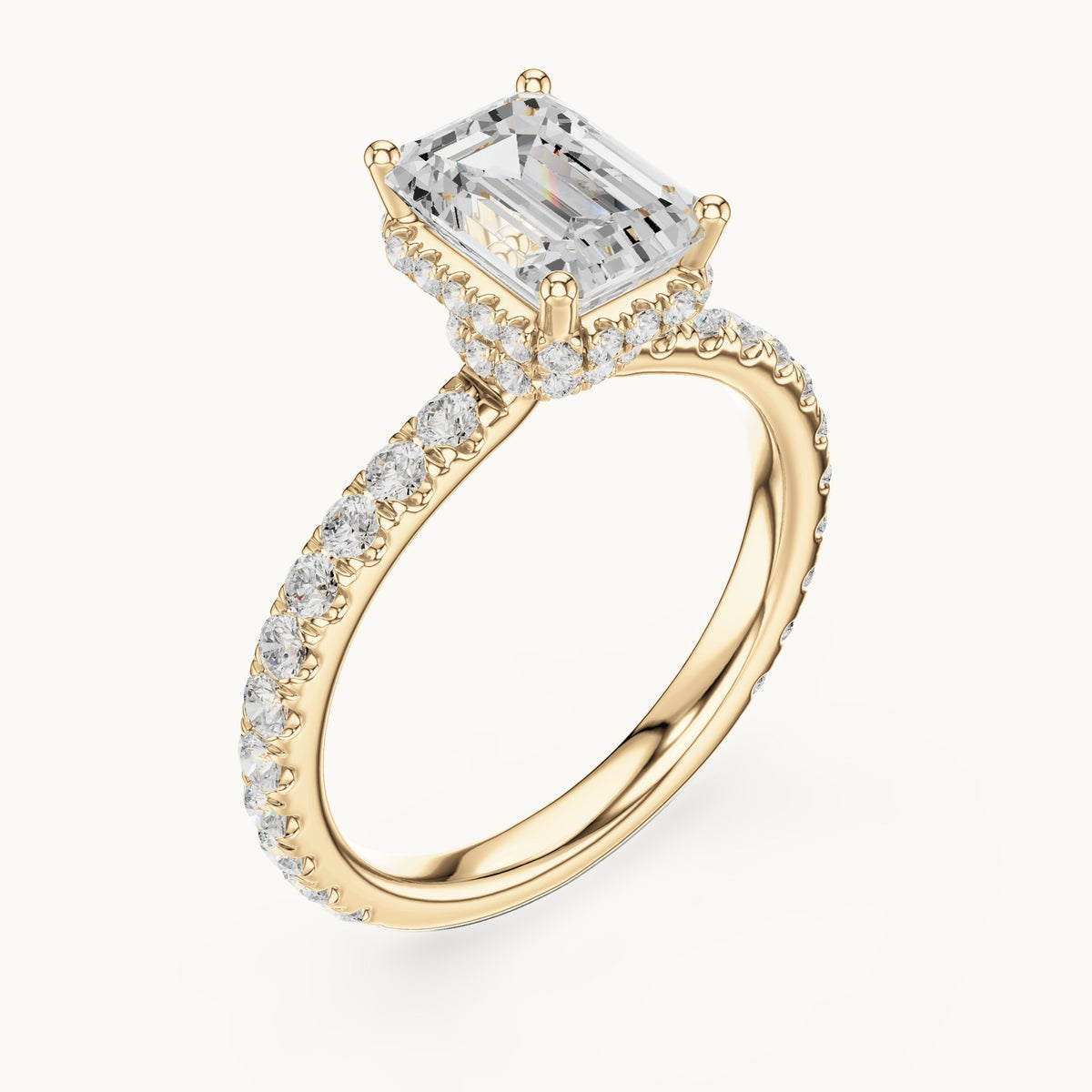 Emerald-cut lab-grown diamond pavé collar hidden halo engagement ring in yellow gold, 2.14 CT TW, view 2