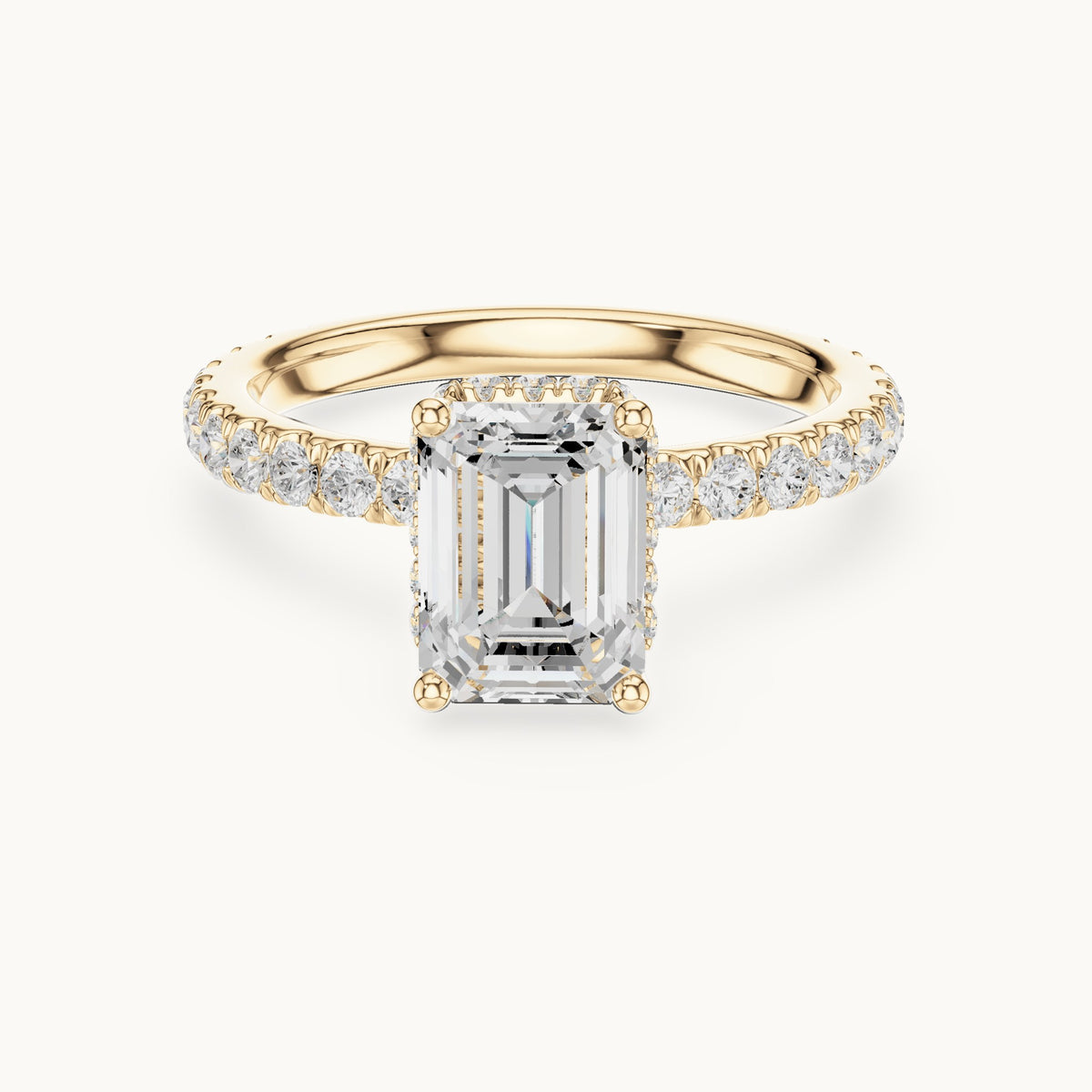 Emerald-cut lab-grown diamond pavé collar hidden halo engagement ring in yellow gold, 2.14 CT TW, view 4