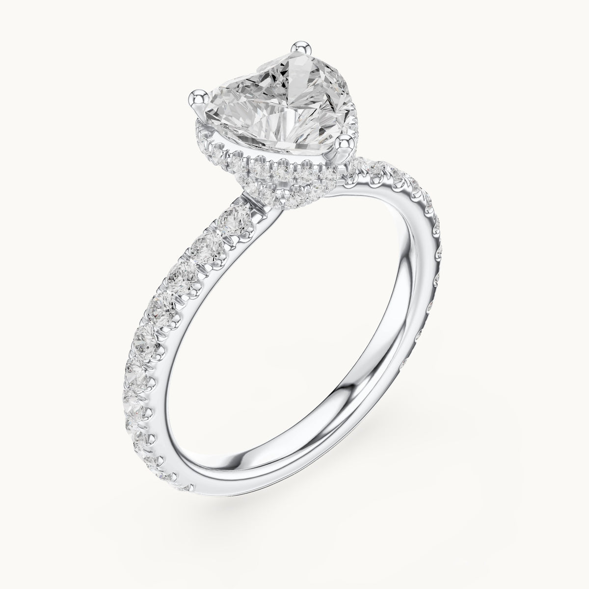 Heart lab-grown diamond pavé collar hidden halo engagement ring in white gold, 2.15 CT TW, view 2