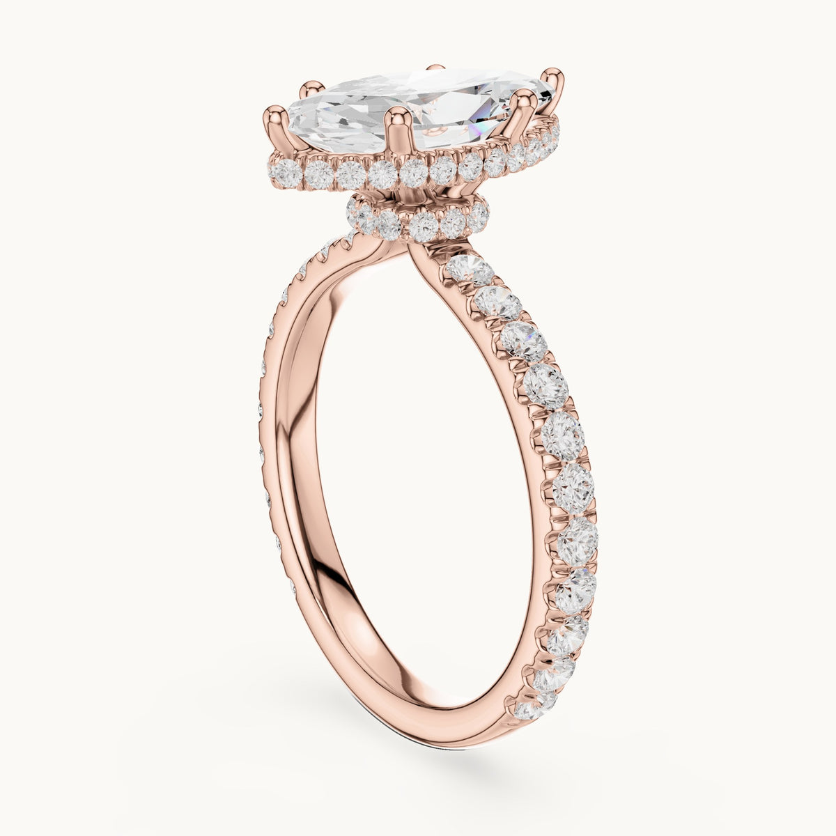 Marquise lab-grown diamond pavé collar hidden halo engagement ring in rose gold, 2.17 CT TW, view 1
