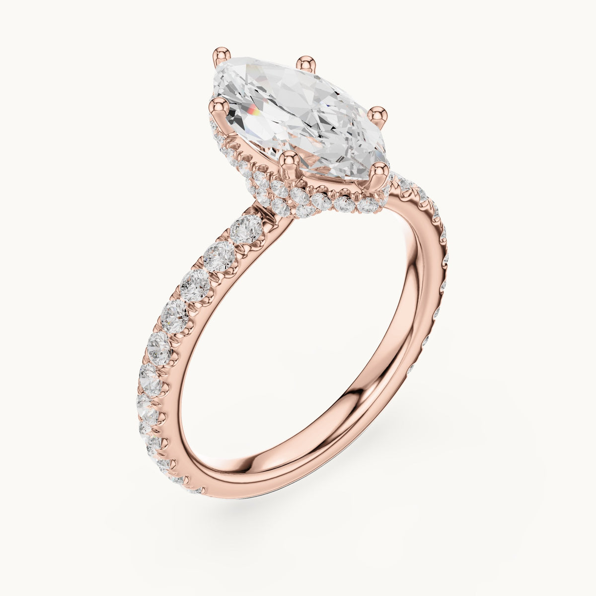 Marquise lab-grown diamond pavé collar hidden halo engagement ring in rose gold, 2.17 CT TW, view 2