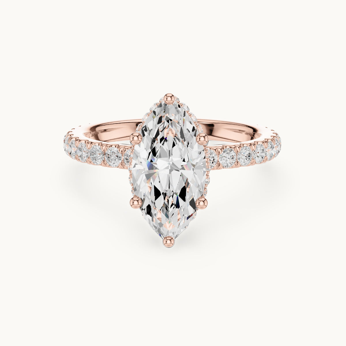 Marquise lab-grown diamond pavé collar hidden halo engagement ring in rose gold, 2.17 CT TW, view 4
