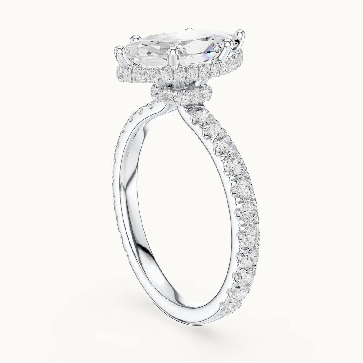 Marquise lab-grown diamond pavé collar hidden halo engagement ring in white gold, 2.17 CT TW, view 1