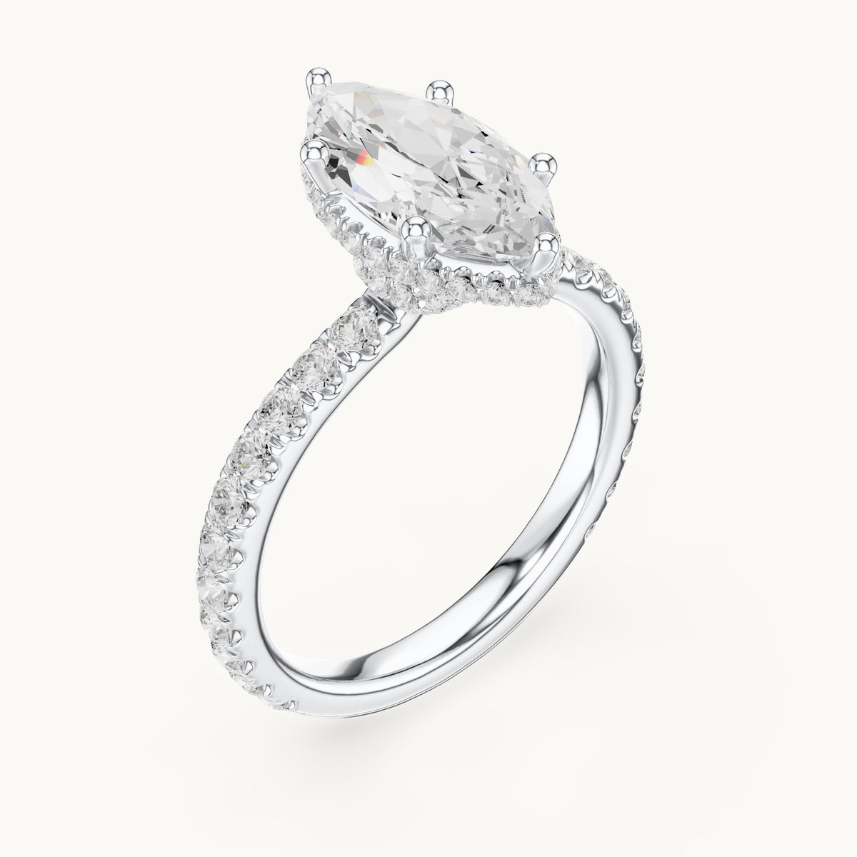 Marquise lab-grown diamond pavé collar hidden halo engagement ring in white gold, 2.17 CT TW, view 2