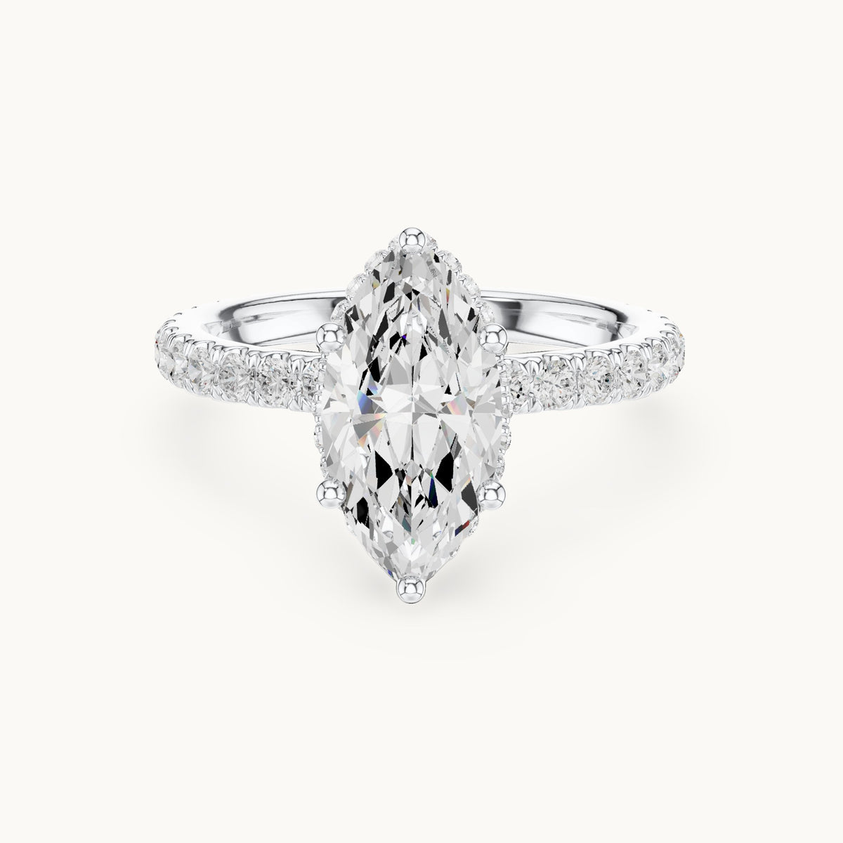 Marquise lab-grown diamond pavé collar hidden halo engagement ring in white gold, 2.17 CT TW, view 4