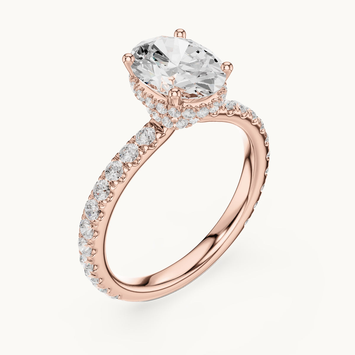 Oval lab-grown diamond pavé collar hidden halo engagement ring in rose gold, 2.15 CT TW, view 2