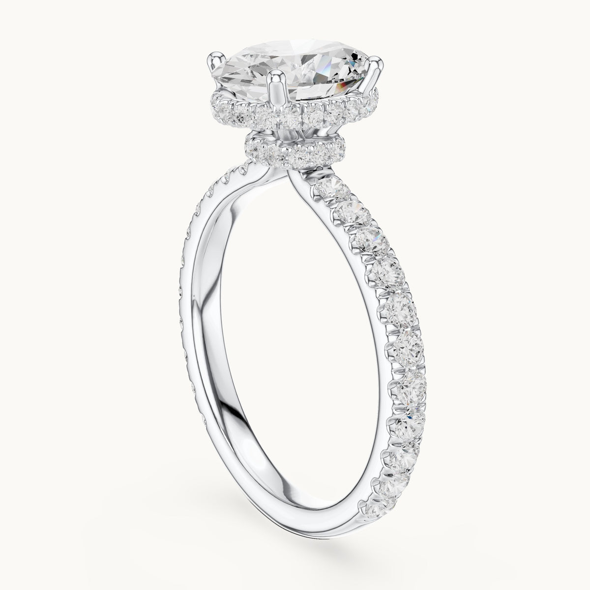 Oval lab-grown diamond pavé collar hidden halo engagement ring in white gold, 2.15 CT TW, view 1