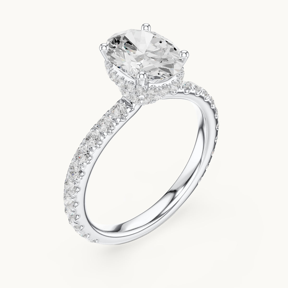 Oval lab-grown diamond pavé collar hidden halo engagement ring in white gold, 2.15 CT TW, view 2