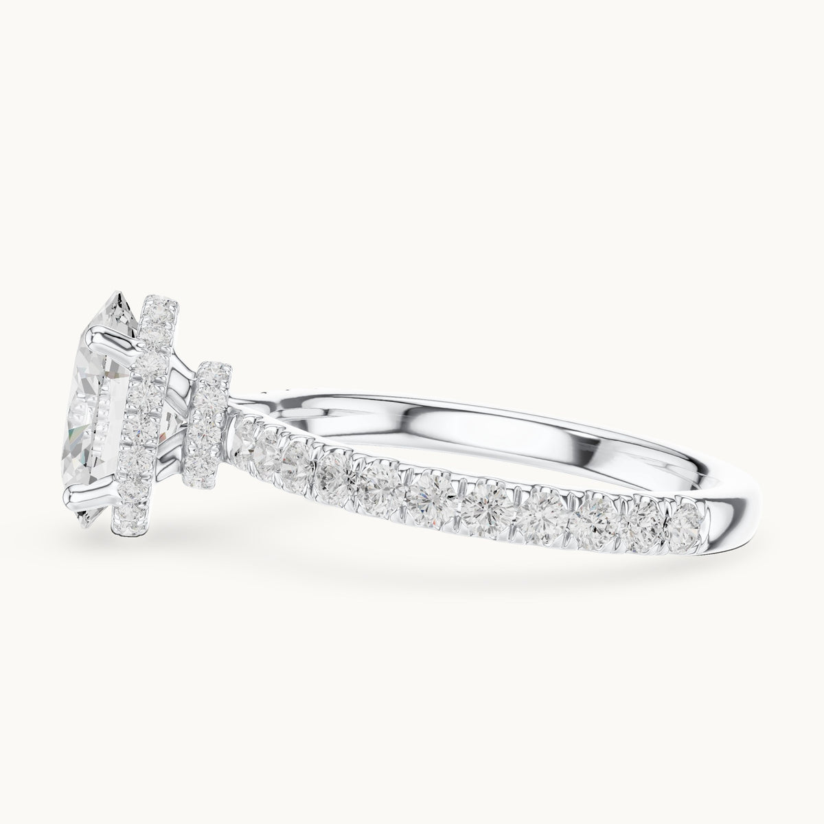 Oval lab-grown diamond pavé collar hidden halo engagement ring in white gold, 2.15 CT TW, view 3