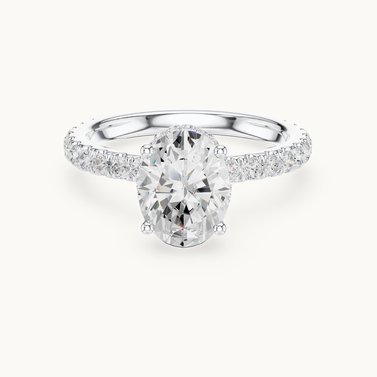 Oval lab-grown diamond pavé collar hidden halo engagement ring in white gold, 2.15 CT TW, view 4