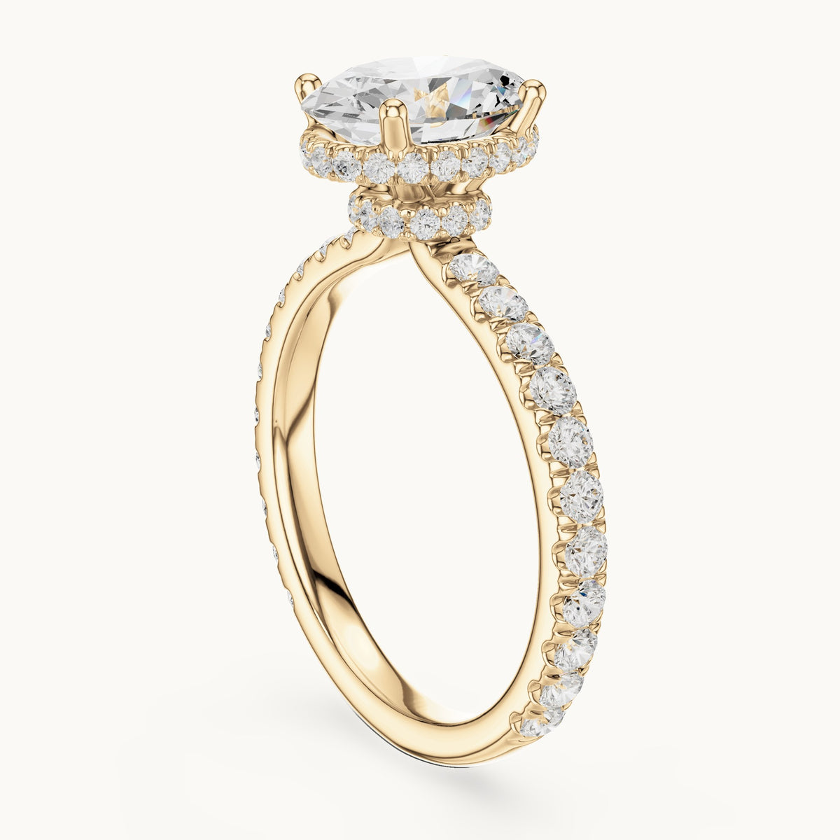 Oval lab-grown diamond pavé collar hidden halo engagement ring in yellow gold, 2.15 CT TW, view 1