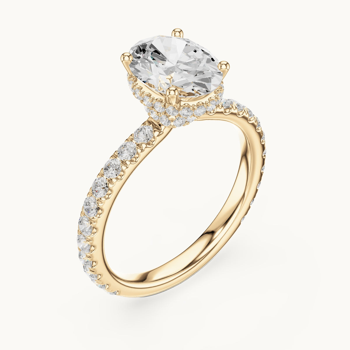 Oval lab-grown diamond pavé collar hidden halo engagement ring in yellow gold, 2.15 CT TW, view 2