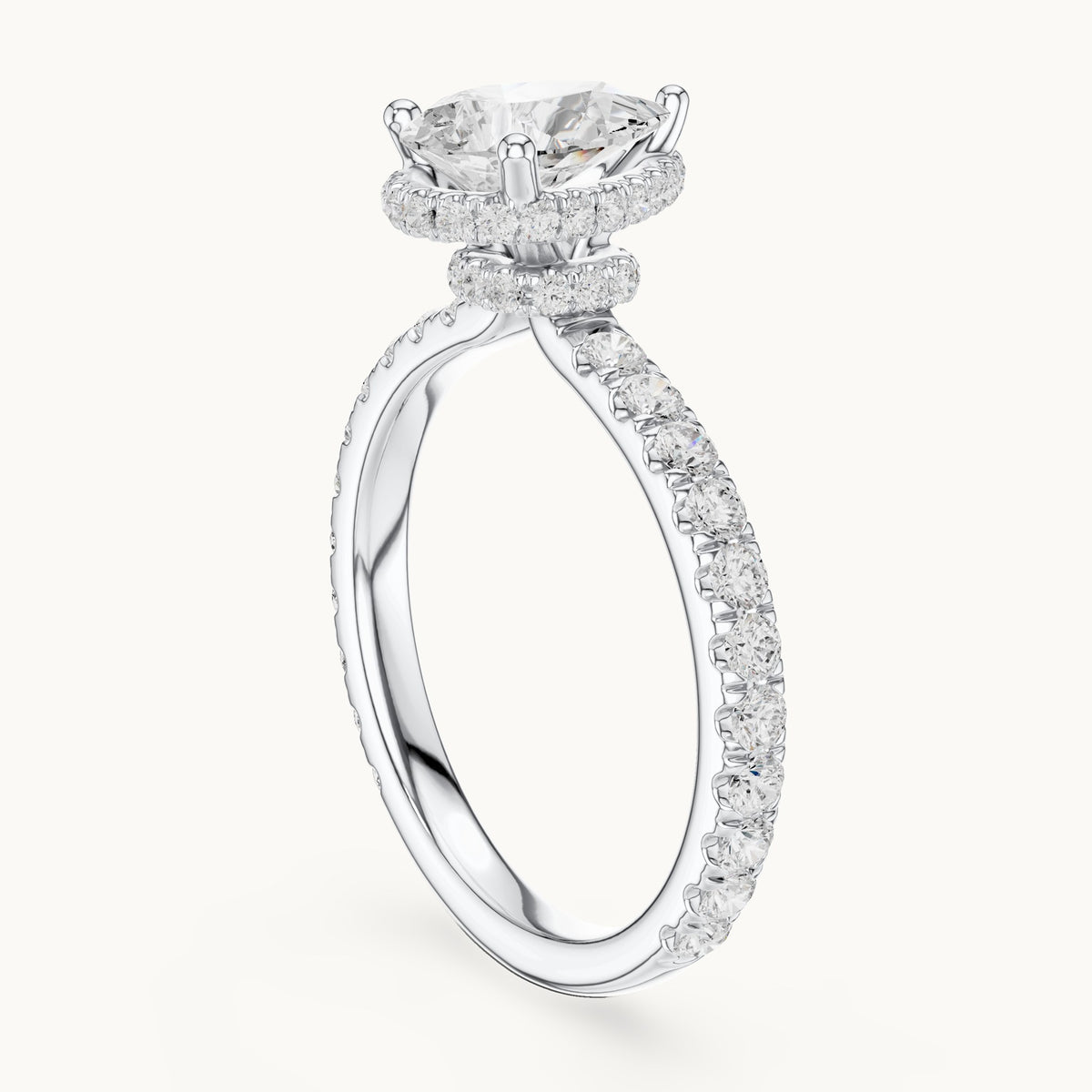 Pear lab-grown diamond pavé collar hidden halo engagement ring in white gold, 2.15 CT TW, view 1