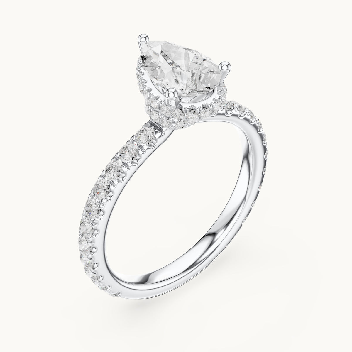 Pear lab-grown diamond pavé collar hidden halo engagement ring in white gold, 2.15 CT TW, view 2